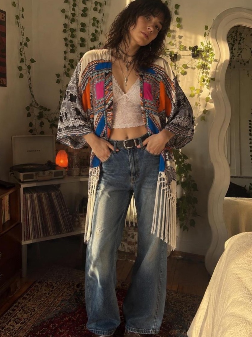 La Hearts Multicolor Fringe Kimono Cardigan - Blue, Orange, Pink, Cream